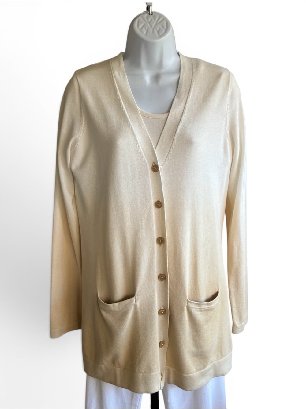 Isaac Mizrahi Ombré V-Neck Button Front Cardigan Cream Small